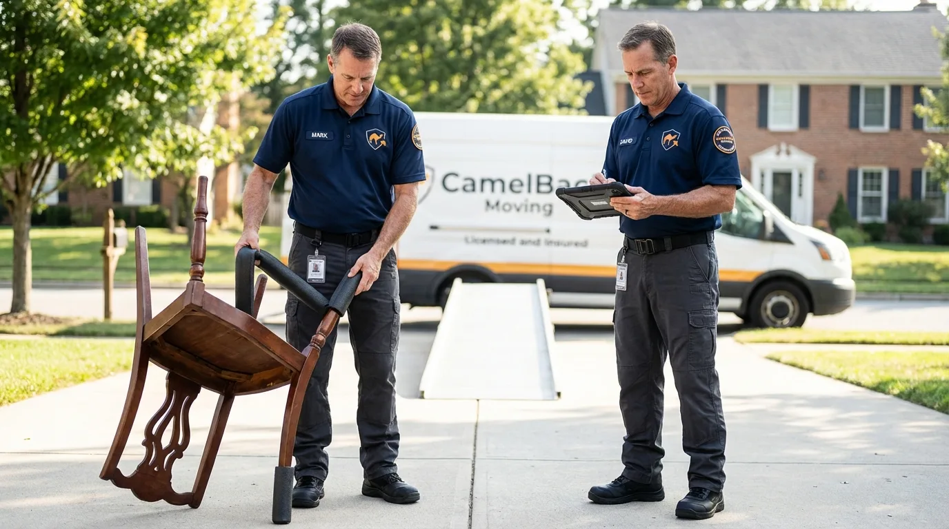 Movers inspecting furniture for damage prevention before loading in Jackson Center, OH